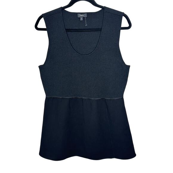 Theory Black Combo Scoop Neck Combo Crepe Tank Ribbed Bodice Peplum Stretch XL - Picture 1 of 7